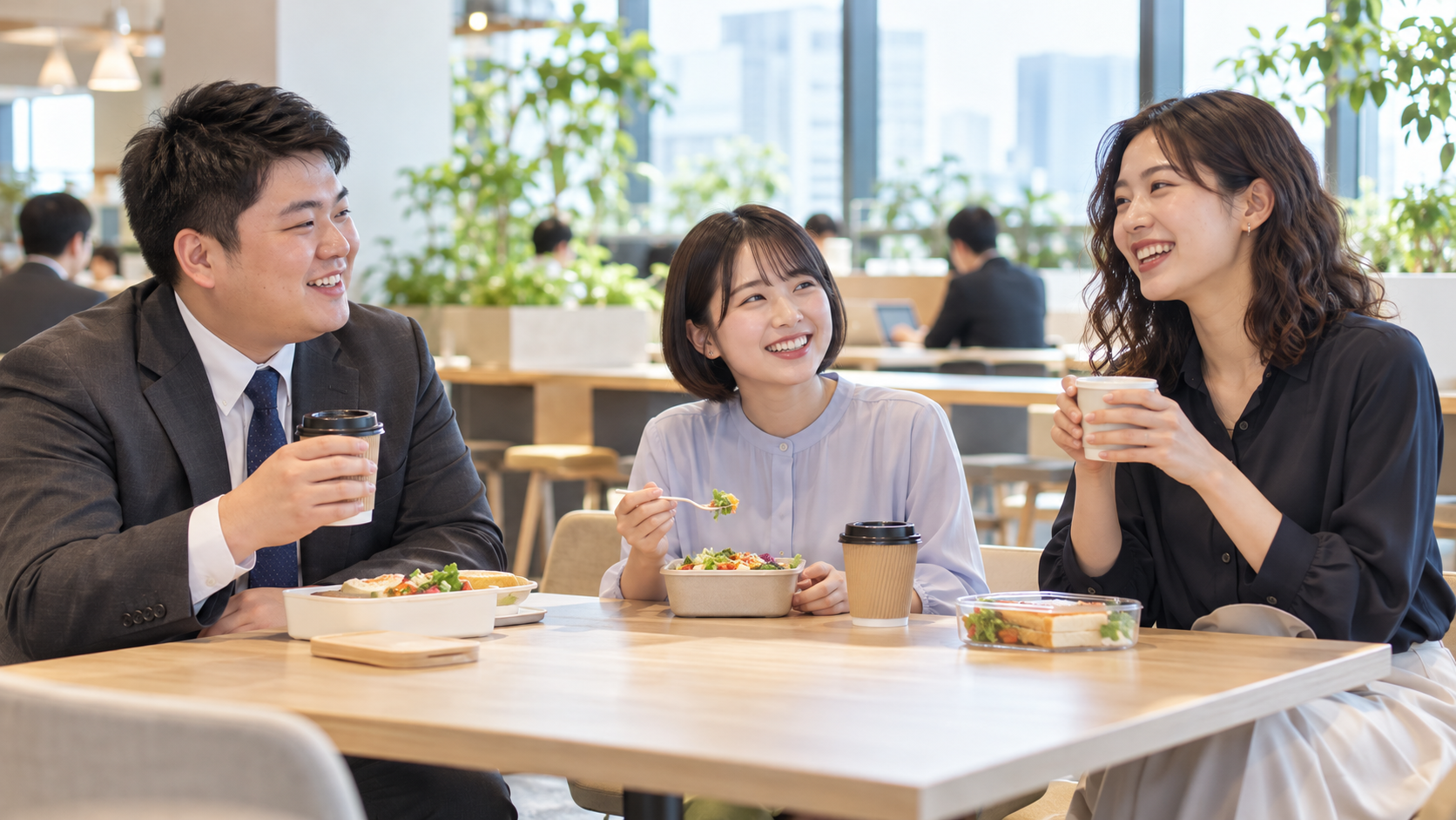 20代の社員がオフィスの休憩スペースで昼休みを楽しむ様子