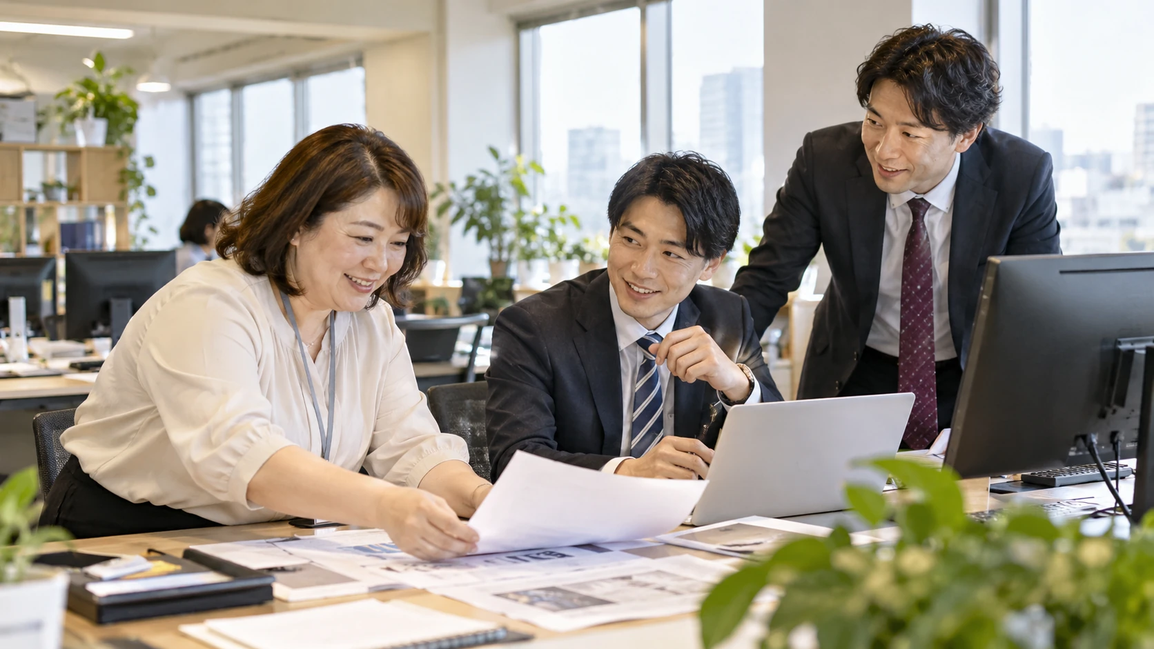 整った働く環境の中で、落ち着いて仕事を進める仲間の情景