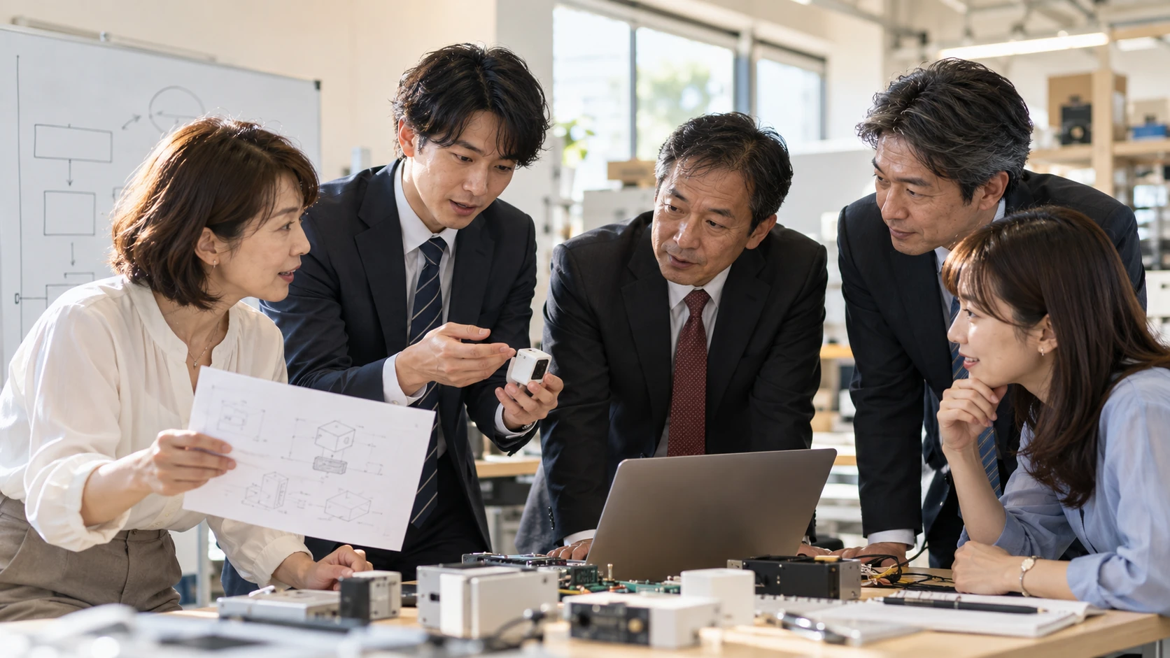 営業と技術者が知識を持ち寄り、新しい価値を考える情景