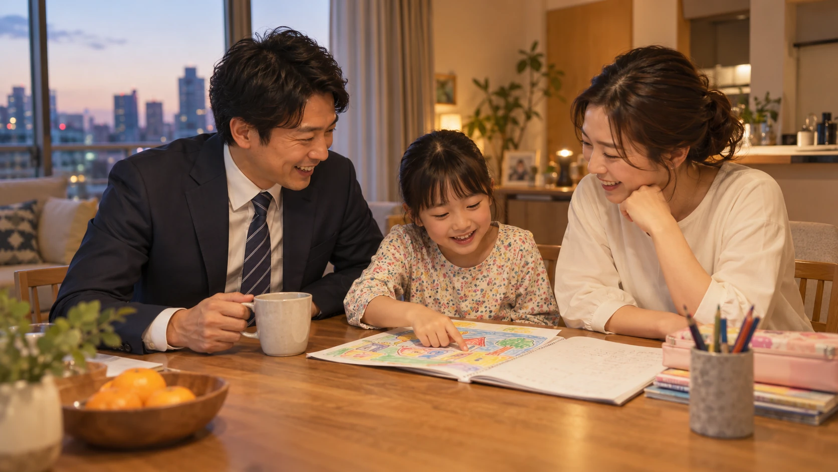 仕事から帰った親が、子どもの話を聞きながら家族と過ごす情景