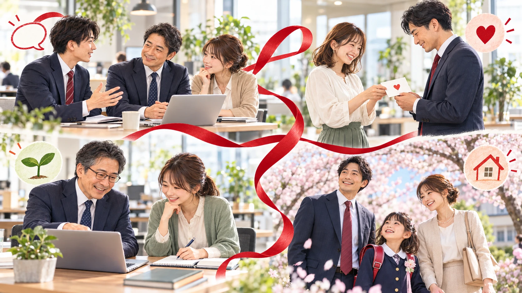 本音を話す、ありがとうを伝える、仲間と学ぶ、家族の節目を大切にする日々を表す写真図解