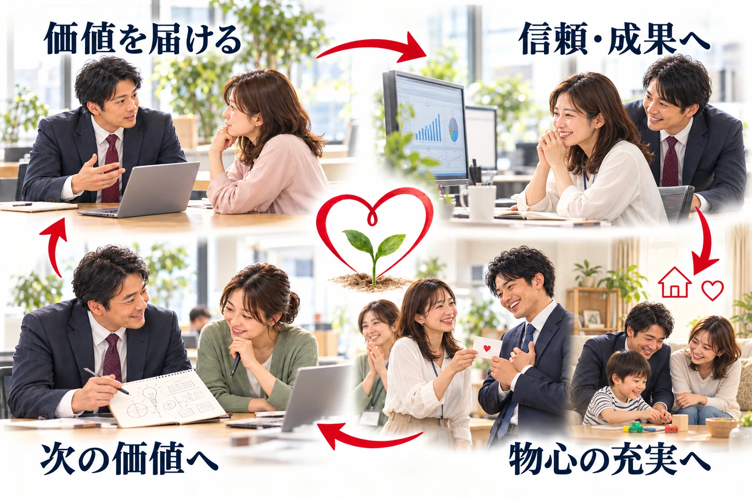 価値を届け、信頼と成果を得て、物心の充実を次の価値へつなぐ幸せの循環を表す写真図解