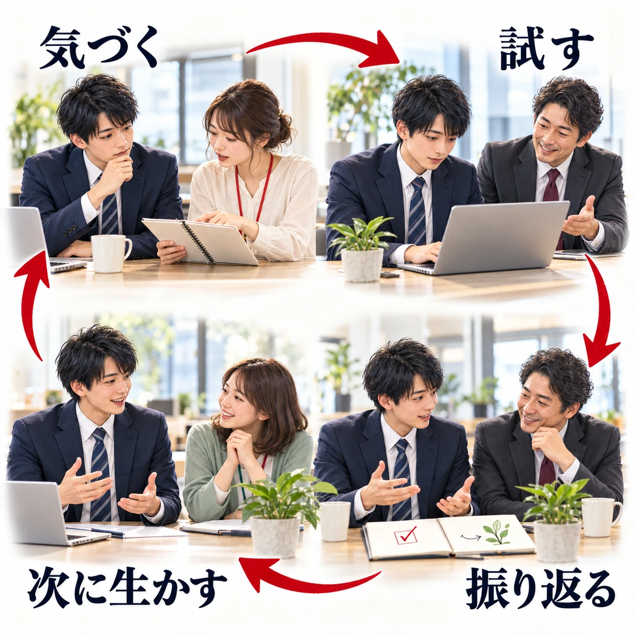 気づく、試す、振り返る、次に生かす、という学び合いを実写の情景で表した図解