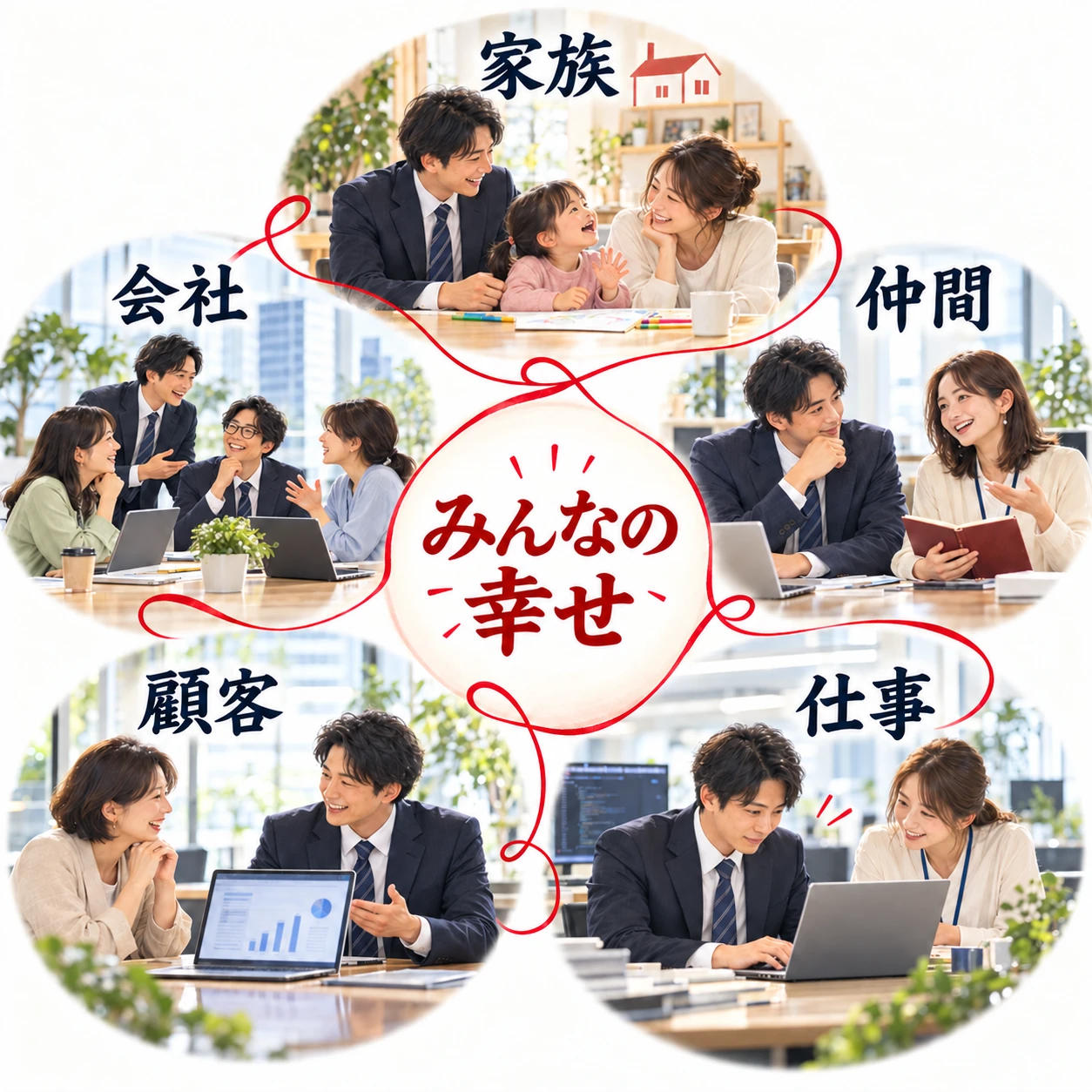 家族、仲間、仕事、顧客、会社への5つの愛を、人の情景とアイコンで表した図解