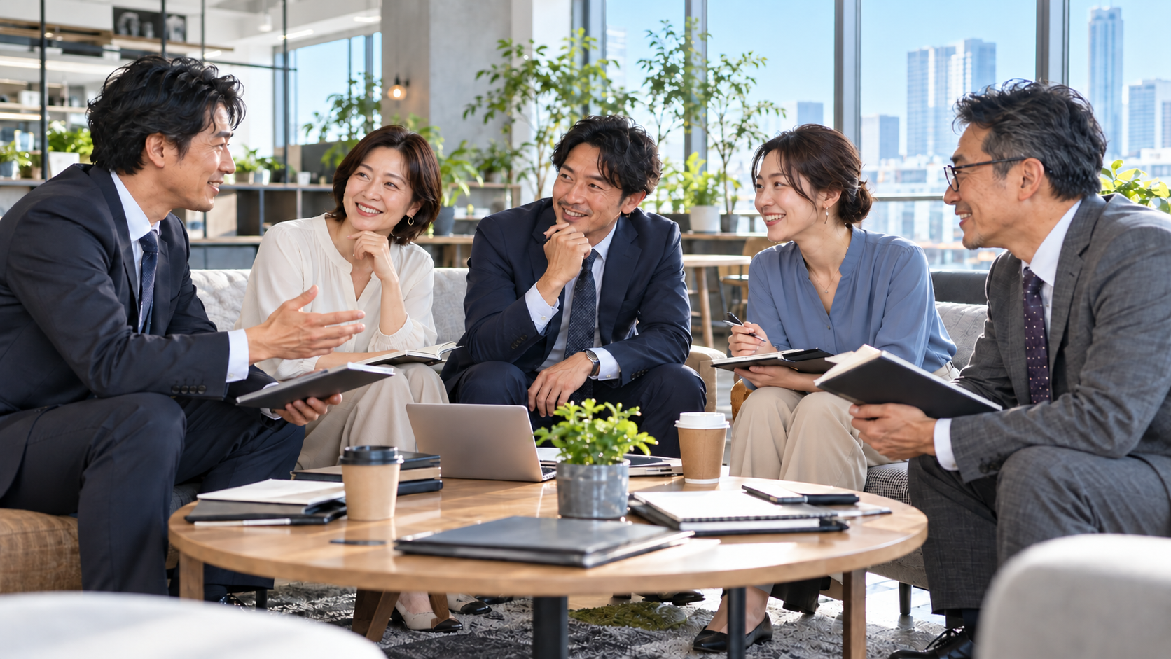 昼の明るいオフィスで30代から40代の社員がリラックスした雰囲気で振り返りを行う様子