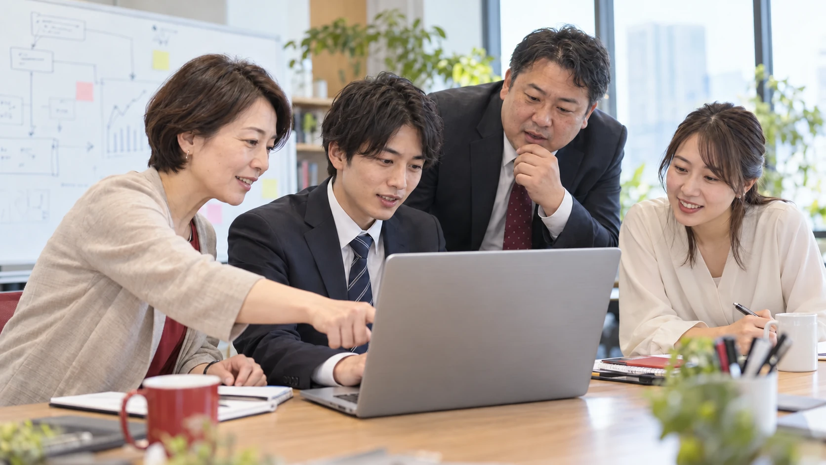 先輩と若手が、AIを活用した開発の進め方を一緒に試し、質問や気づきを共有する情景