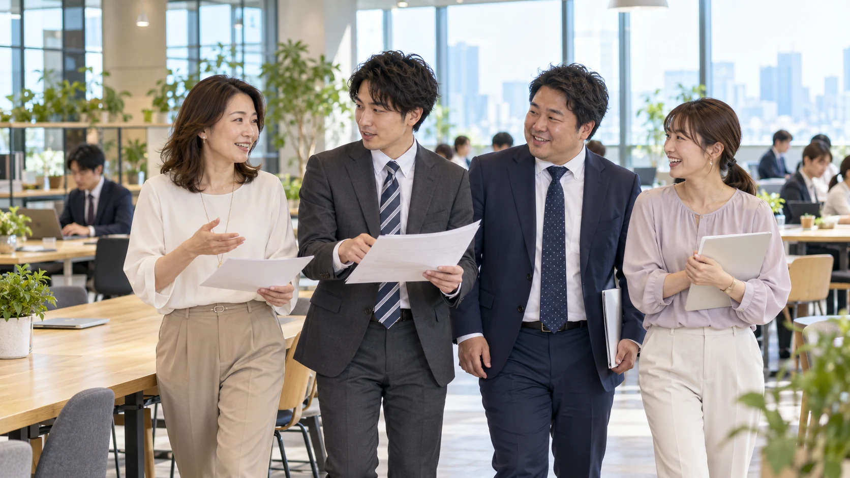 管理者と次のリーダーが計画を持ち寄り、仲間と前向きに意見を交わす情景