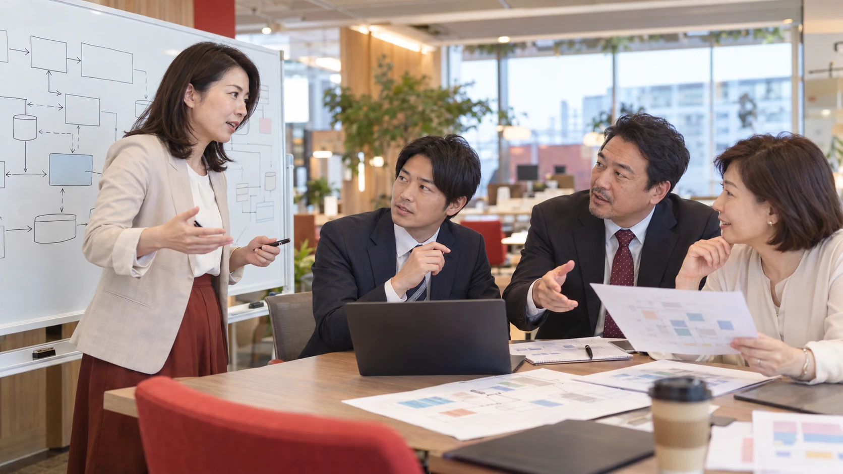 女性リーダーと技術者がお客様と対話し、設計の進め方を考える情景