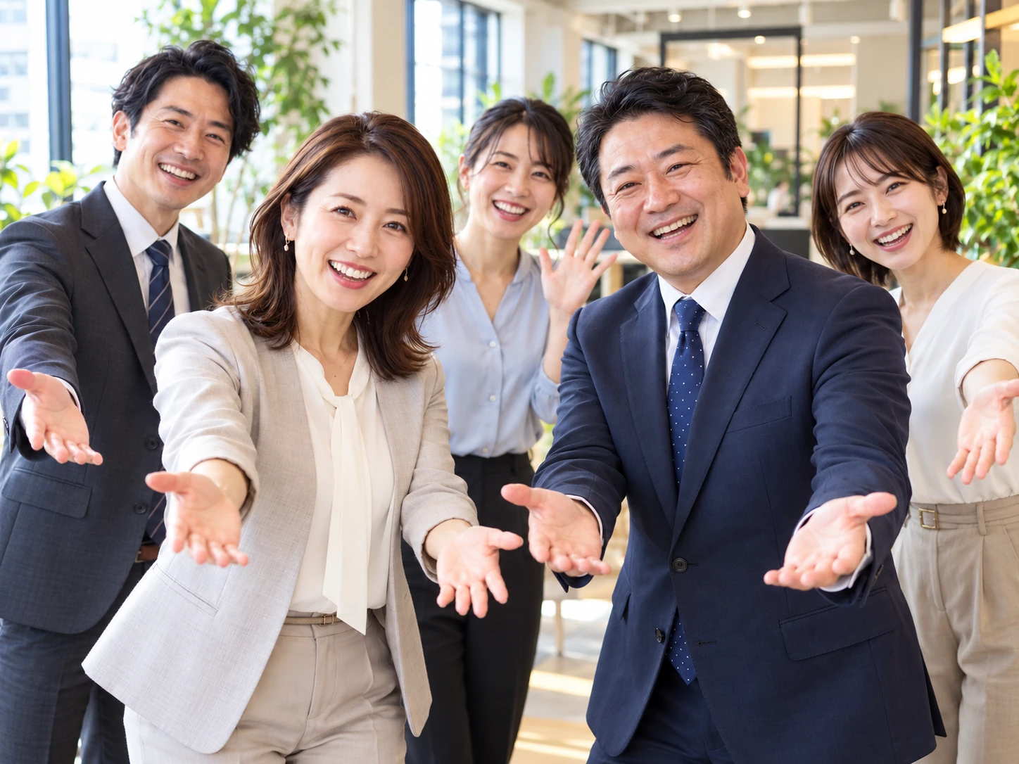 明るいオフィスで仲間全員がこちらを見て笑顔で手を広げ、一緒に未来をつくろうと大歓迎する情景