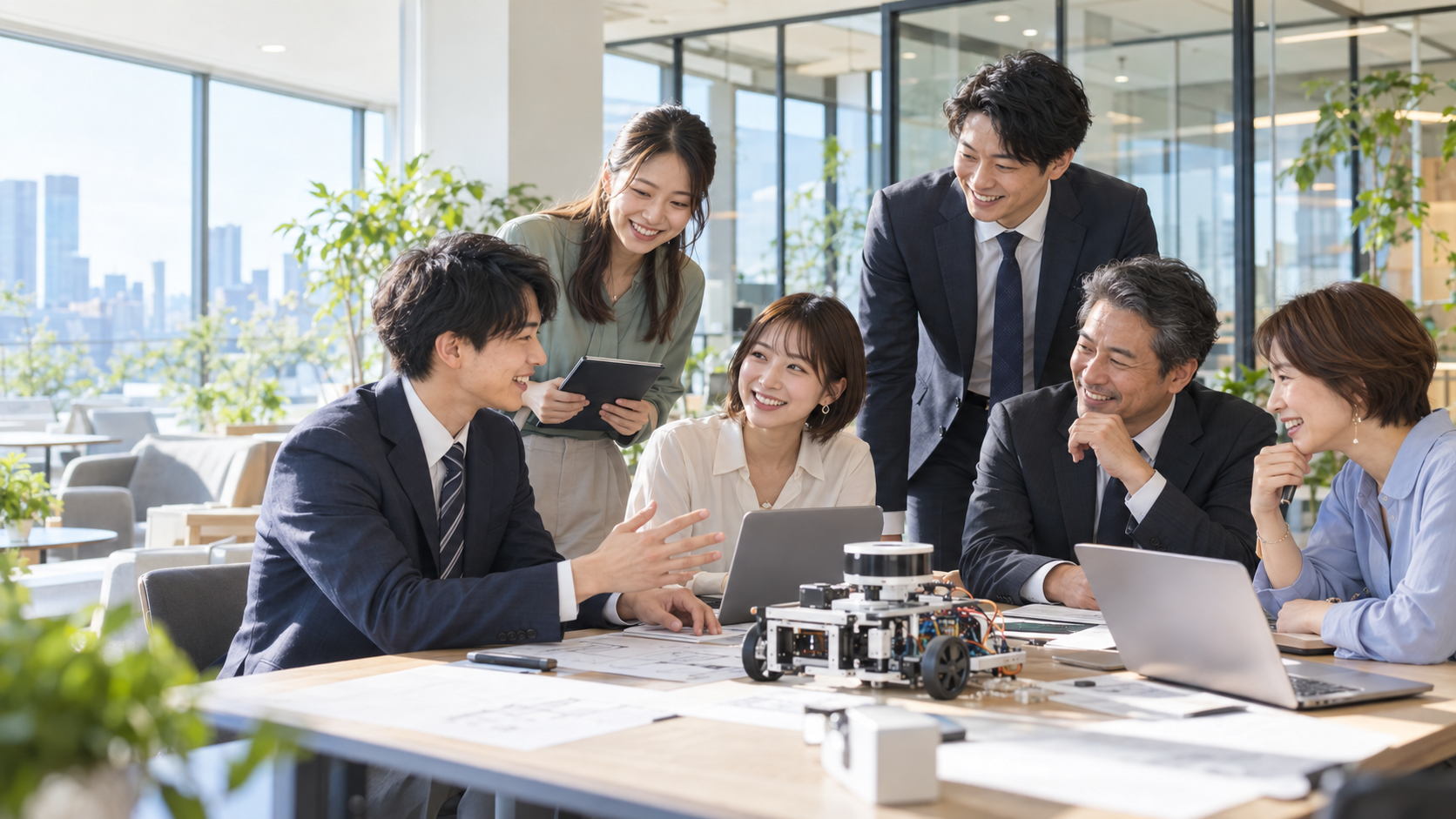 営業と技術者が試作機や資料を囲んで意見を交わす情景