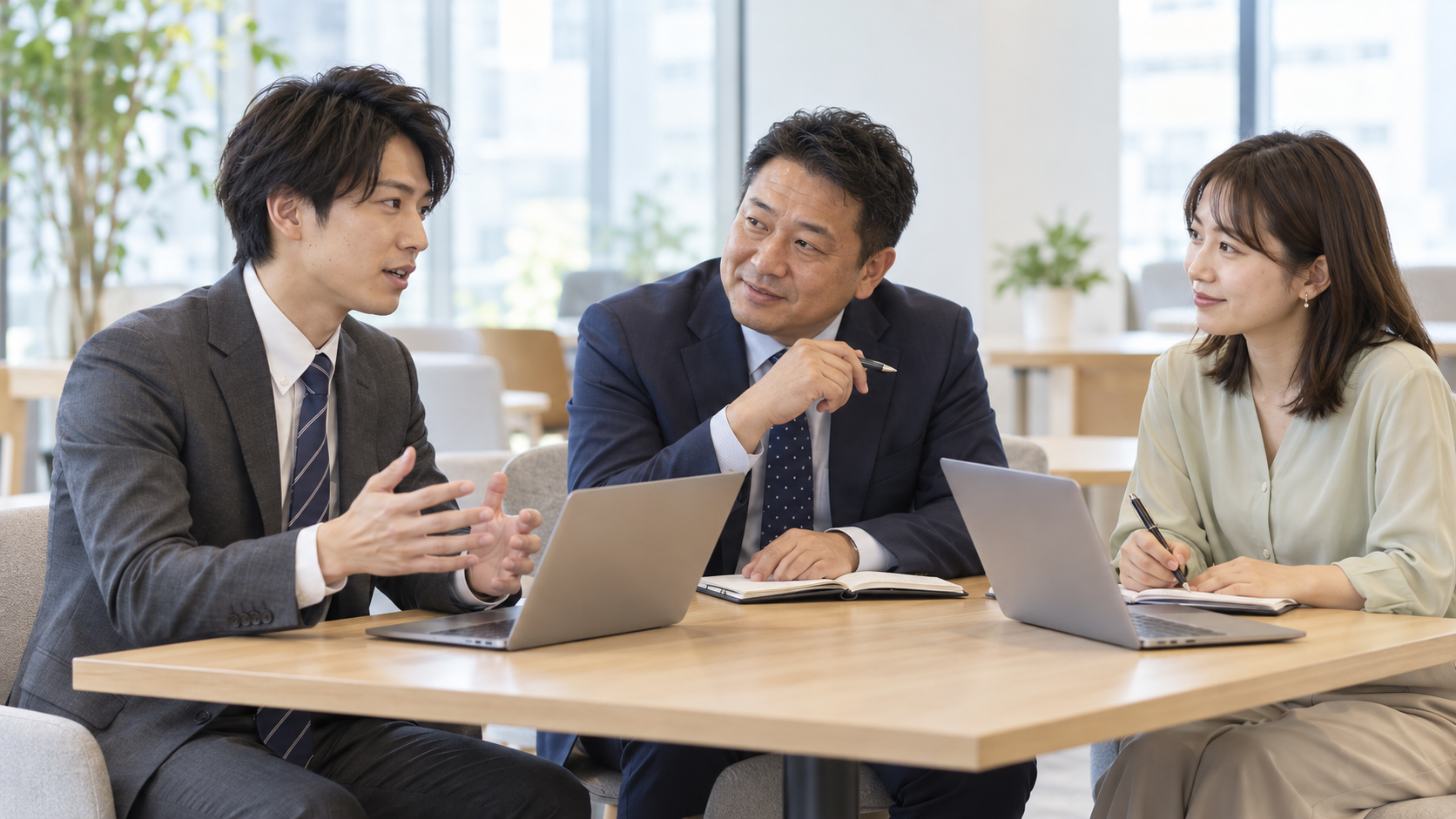先輩と商談の準備や会話を練習する営業の情景