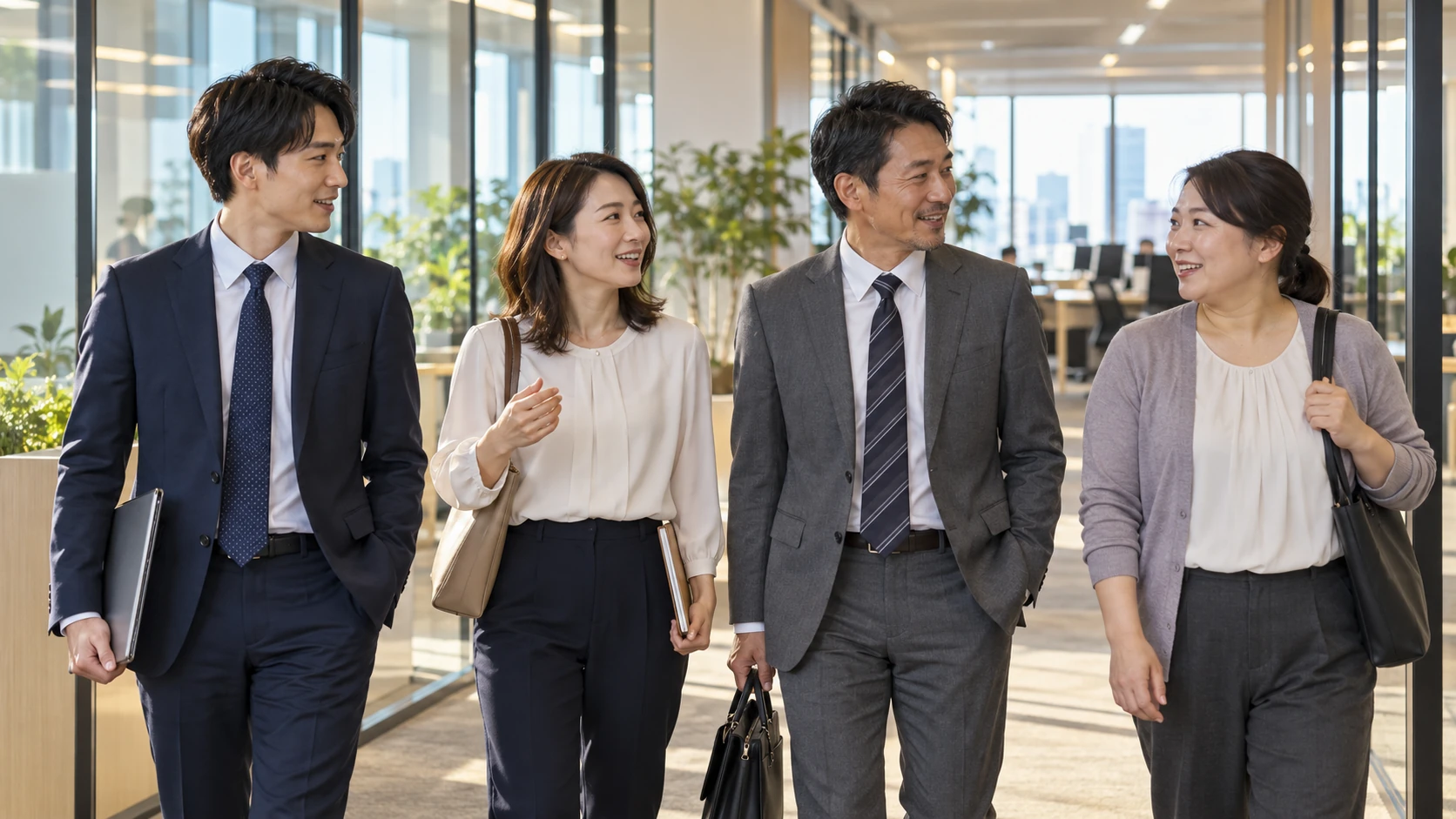 仕事の合間にオフィスの廊下で自然に会話する同僚たちの情景