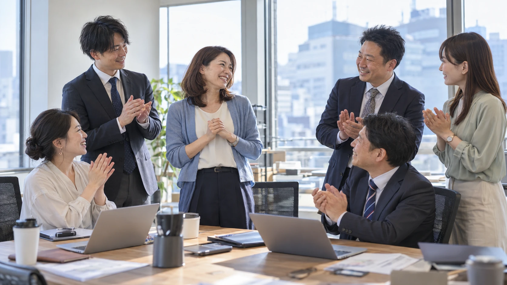 成果を共有した仲間に、同僚が笑顔で拍手を送る情景